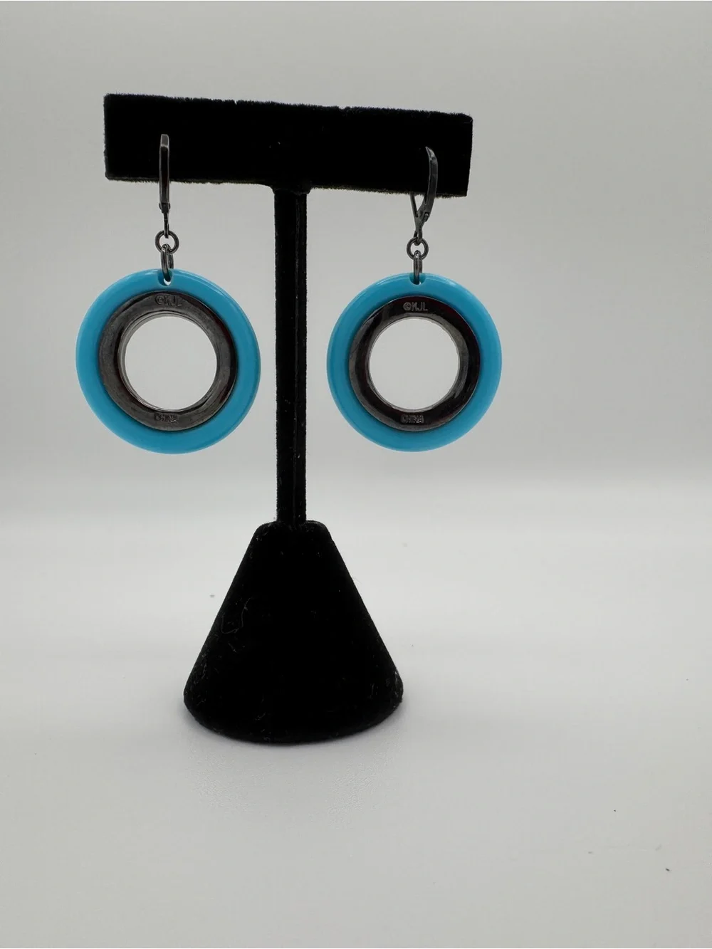 Vintage KJL Turquoise Hoop Earrings, Gunmetal Rhinestone Statement Jewelry - Picture 5 of 7